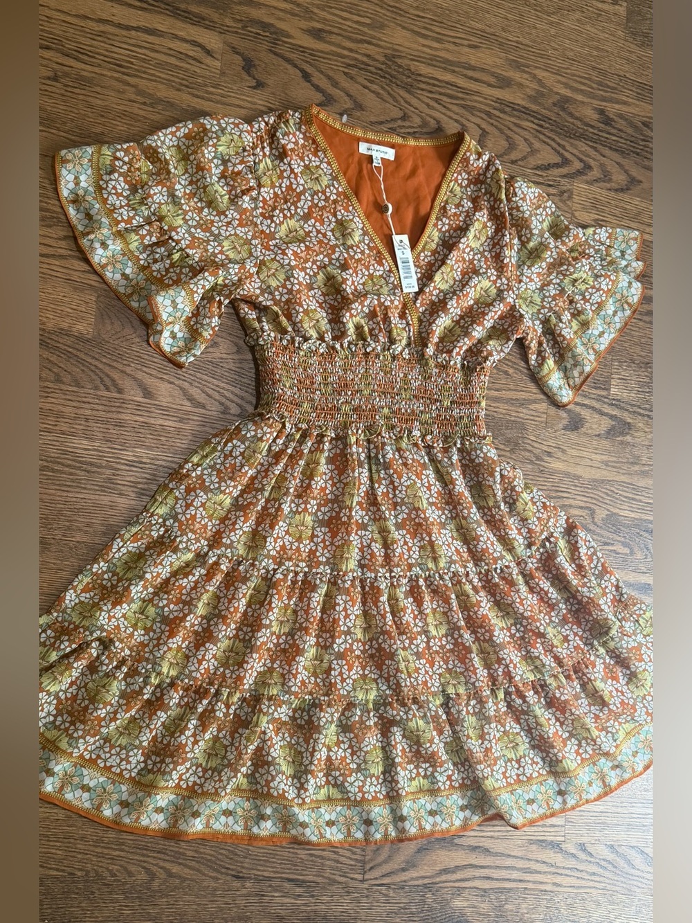 Boho Smocked Waist Floral Mini Dress - Rust & Olive